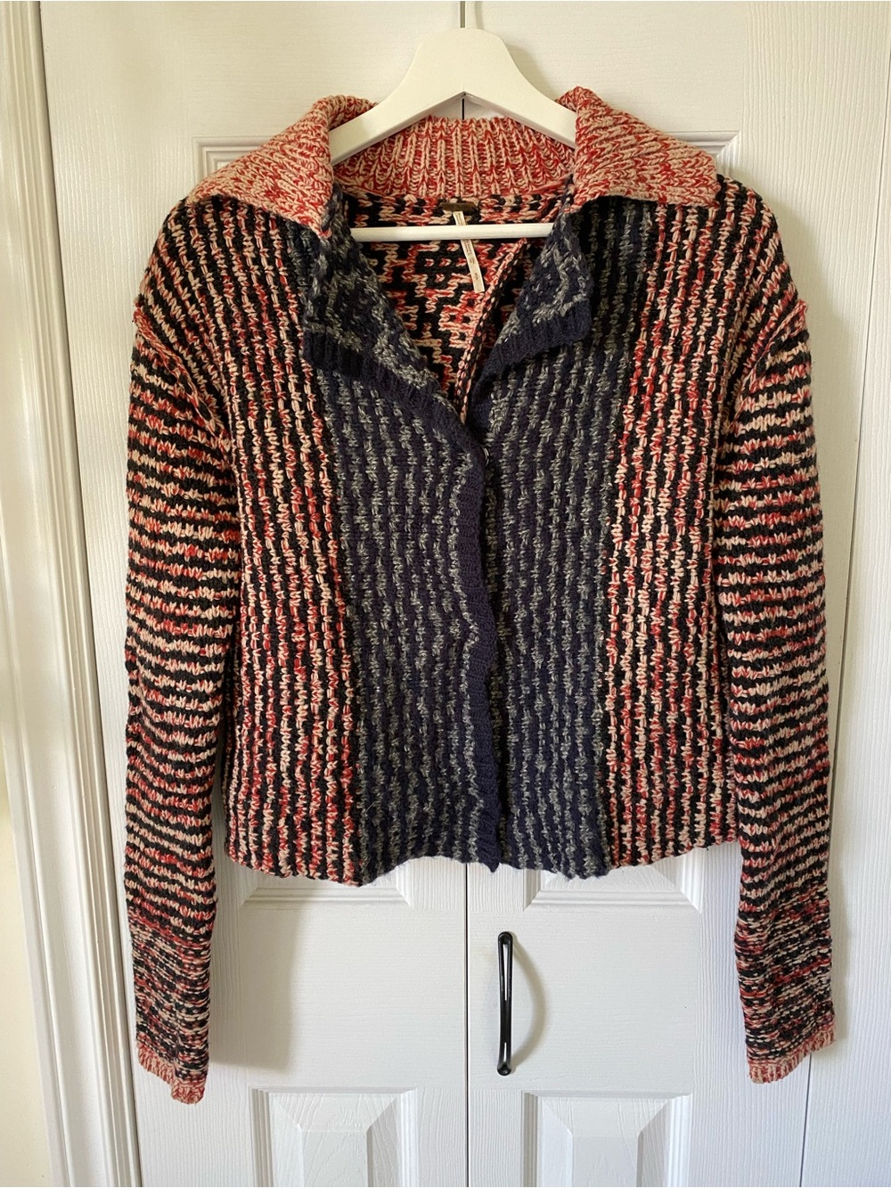 Free People Vintage Split Back Wool Blend Cardigan Navy Burgundy snap front S